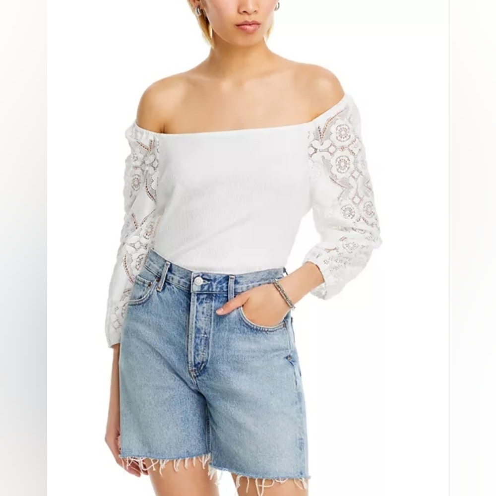 Single Thread Bright White Off-Shoulder Knit Gauze Top with Lace Sleeves Med New